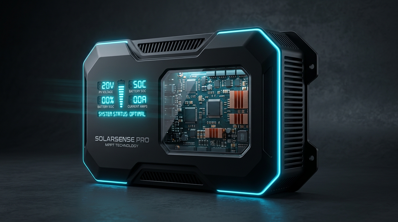 SolarSense Pro MPPT controller unit with glowing LED indicators