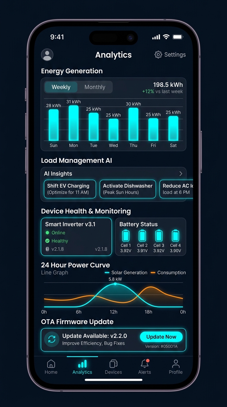 SolFlow app analytics screen with weekly energy charts and AI recommendations