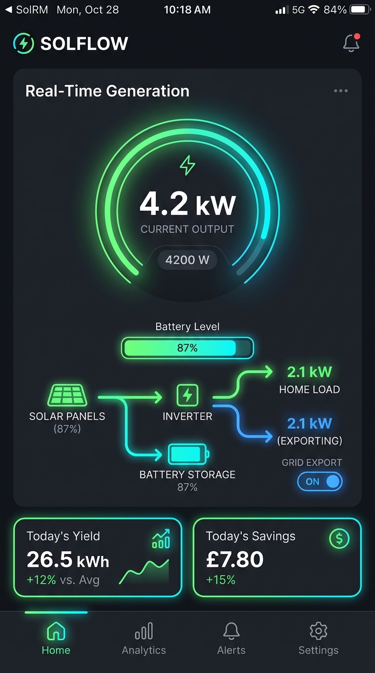 SolFlow app dashboard showing real-time solar power generation and battery levels